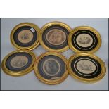 A group of six early 19th century gilt framed and verre eglomise engravings tondos depicting neo