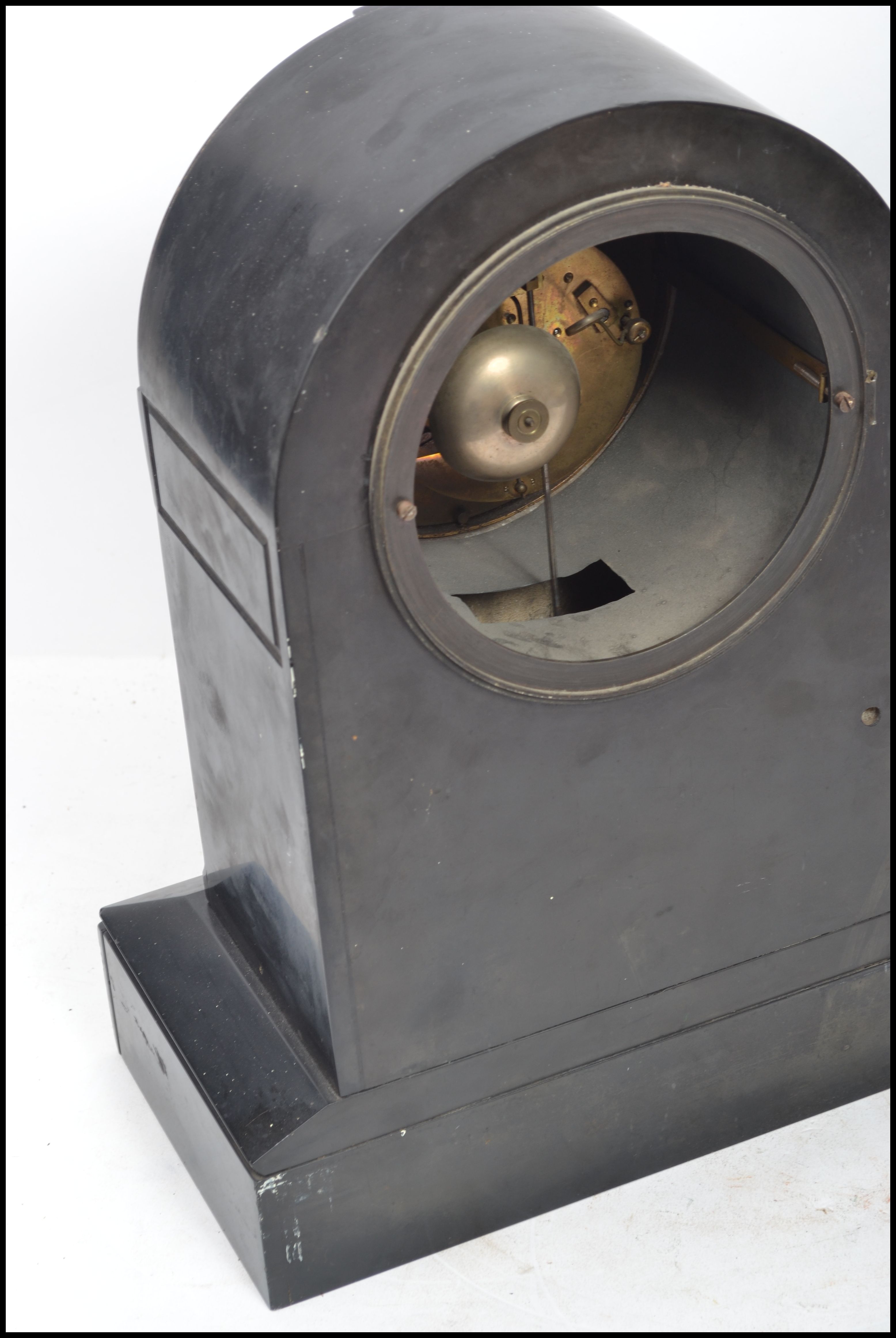 A Good Victorian large Slate mantel clock of spire shape. The large ceramic white dial with notation - Image 4 of 5