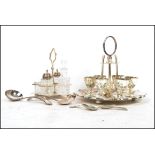 A group of silver plated wares to include a six person egg breakfast set with scalloped base,