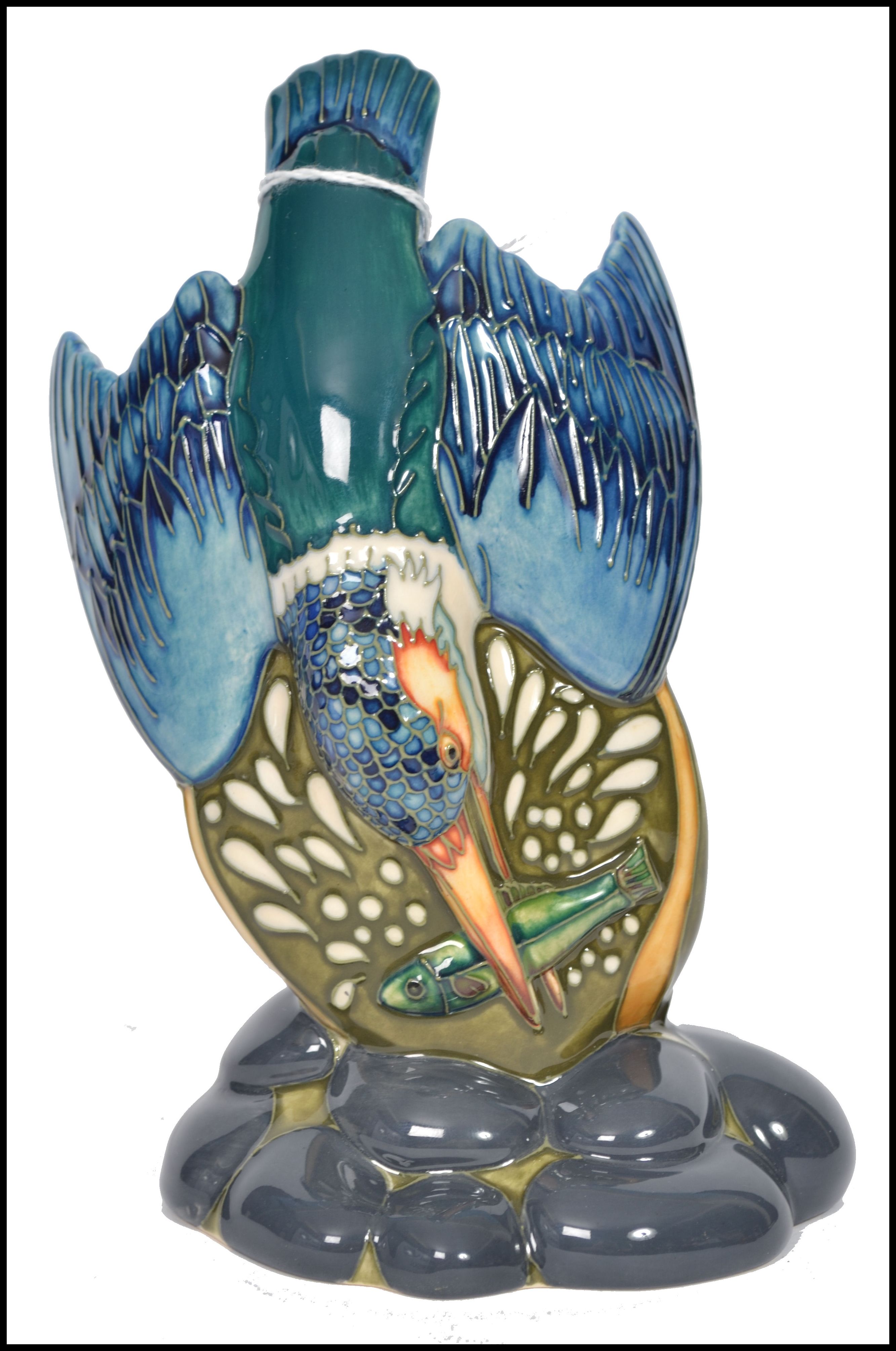 A fantastic Moorcroft trial piece ceramic figurine display modelled as diving kingfisher with fish