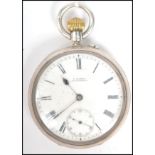 A silver hallmarked gents open faced crown wind lever pocket watch, the enamel face with Roman