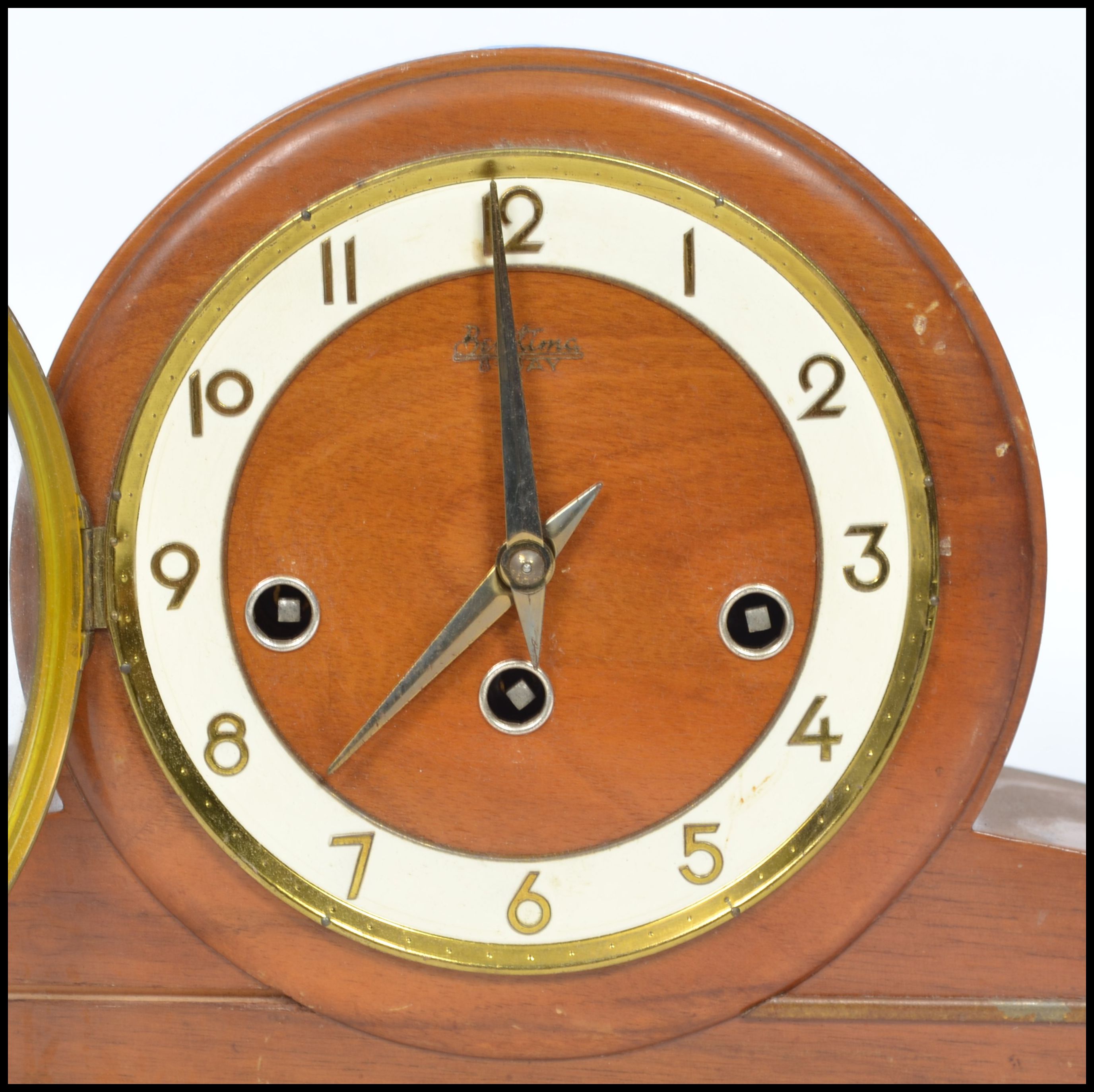 A vintage art deco style wooden cased mantle clock by Bentima having an circular face with sloped - Image 3 of 3