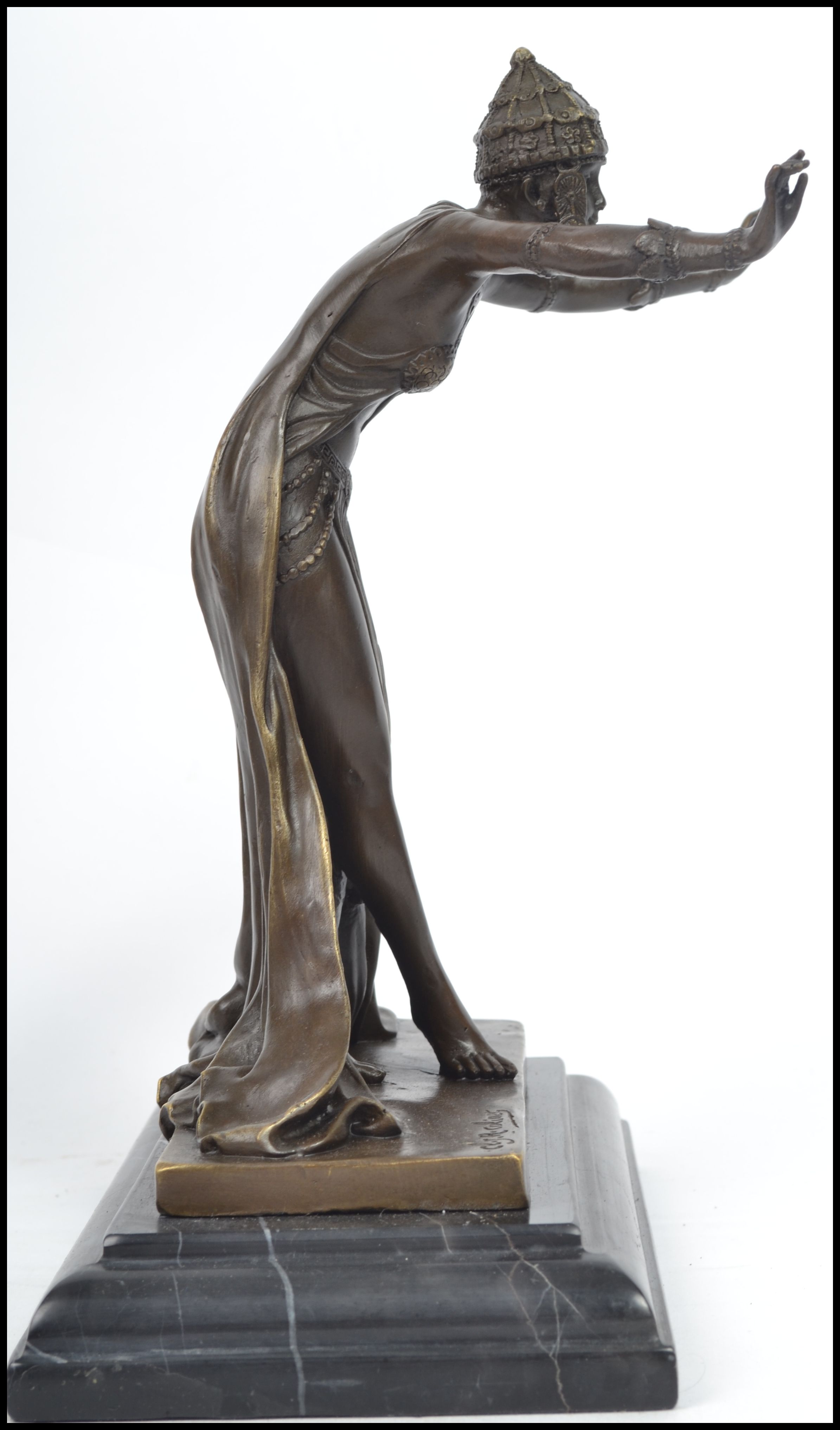 A good 20th century Art Deco bronze figurine of an arabic / dancing girl deity being raised on a - Image 4 of 5