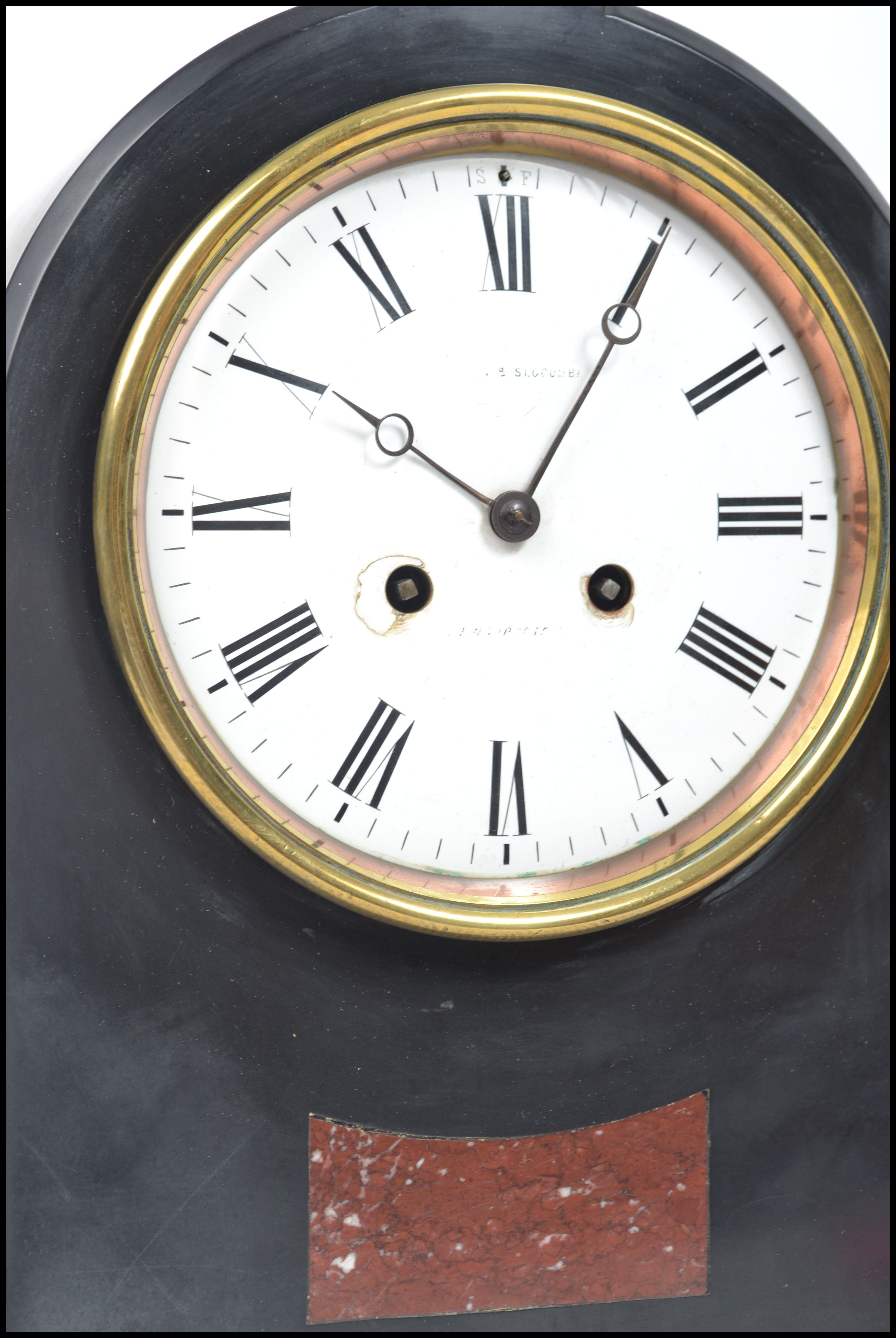 A Good Victorian large Slate mantel clock of spire shape. The large ceramic white dial with notation - Image 2 of 5