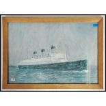 A Shipping Agents issue framed and glazed print of the Cunard Queen Mary cruise liner ship with