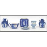 A collection of Victorian and other Wedgwood jasper cameo ware ceramics to include a pair of