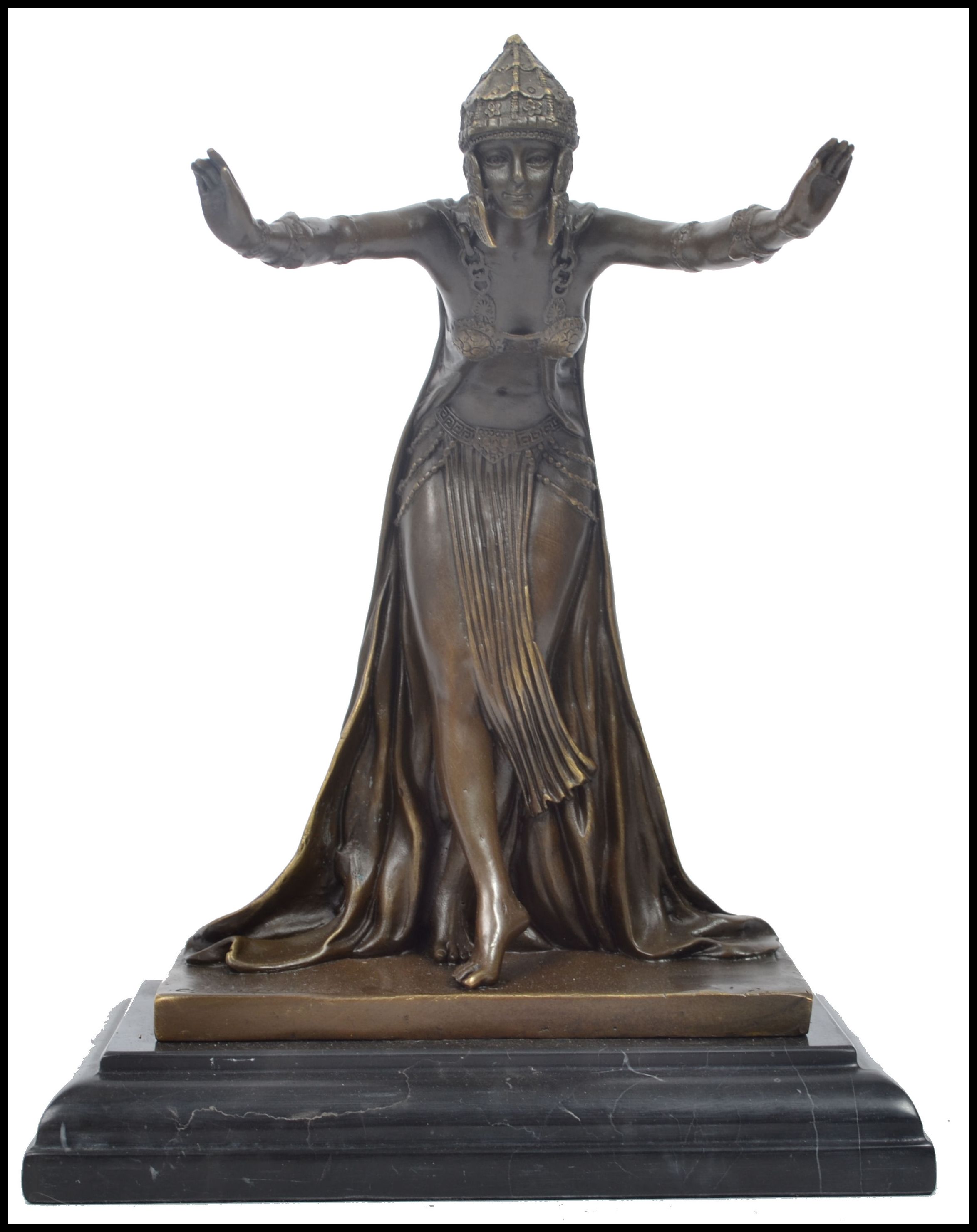 A good 20th century Art Deco bronze figurine of an arabic / dancing girl deity being raised on a