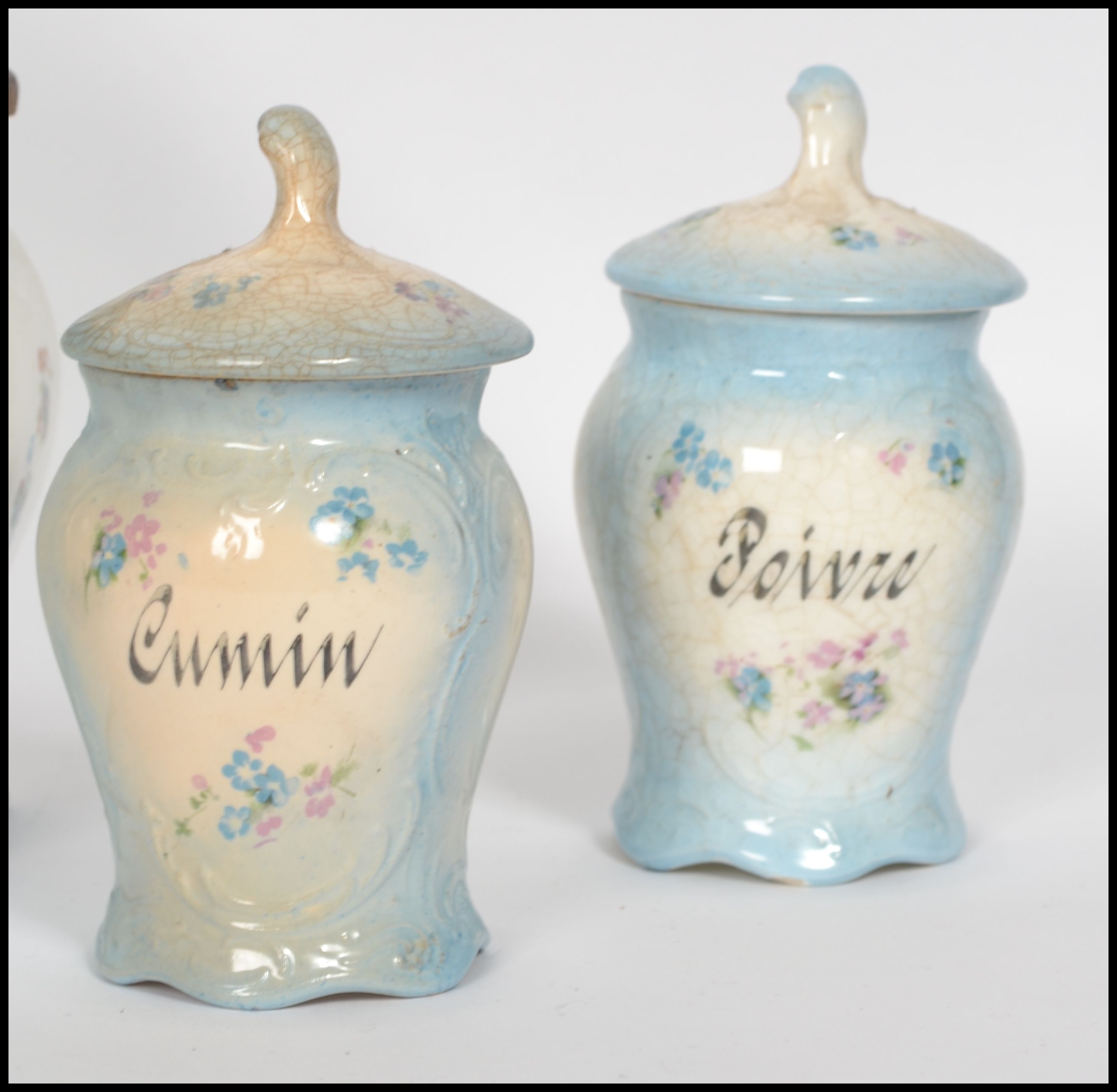 A set of 7 19th century French kitchen canisters to include two wall mounted with wooden lids - Image 2 of 9