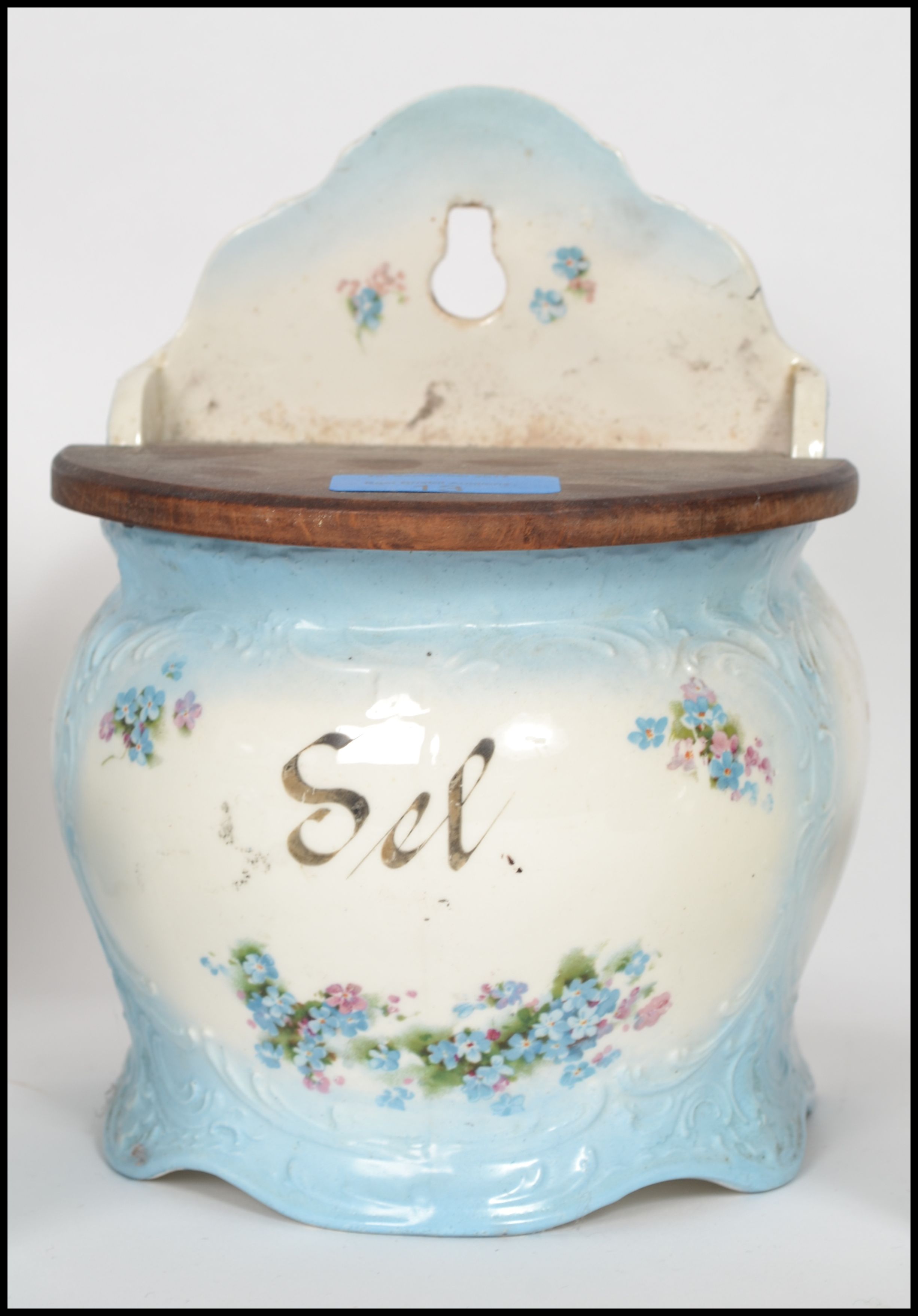 A set of 7 19th century French kitchen canisters to include two wall mounted with wooden lids - Image 3 of 9