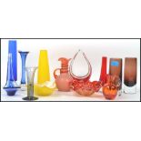 A collection of 20th century studio glass to include a pair of smokey glass vases, a Wedgwood smokey