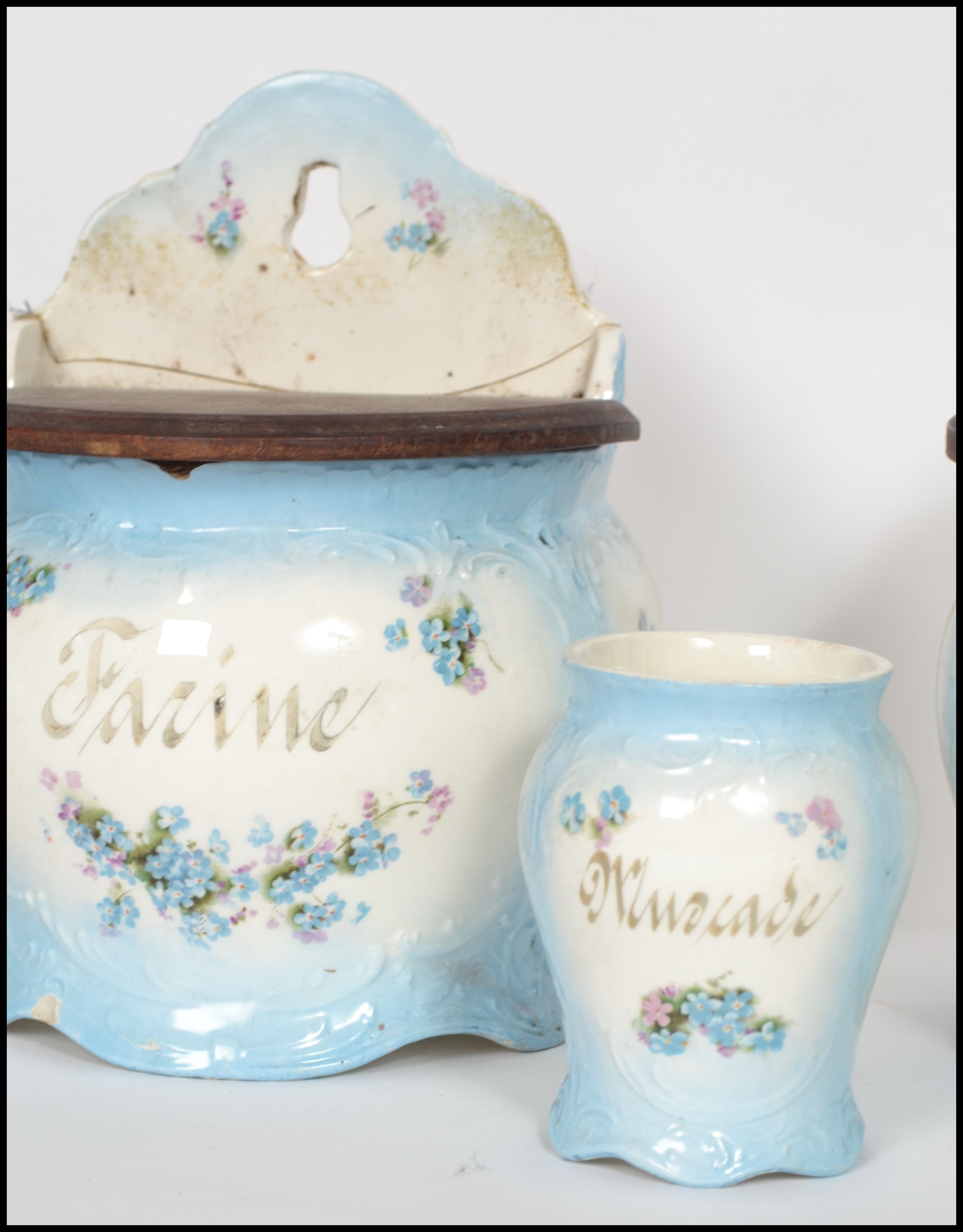 A set of 7 19th century French kitchen canisters to include two wall mounted with wooden lids - Image 4 of 9