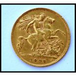 An early 20th century Edwardian gold half sovereign coin dated 1908. Weighs 3.99 grams.