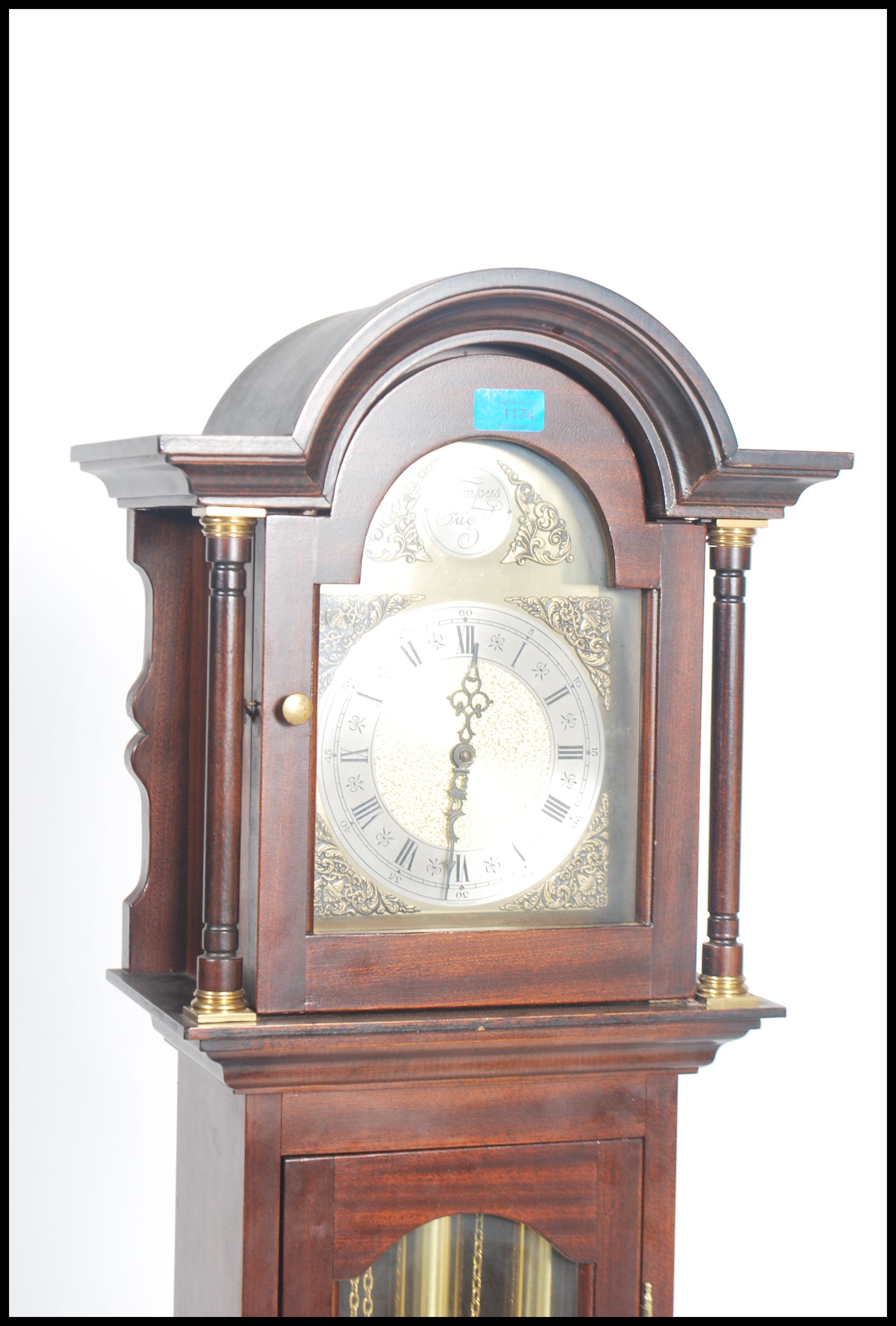 A Tempus Fugit grandmother clock with mahogany case and hood having inset brass and silvered dial - Image 2 of 4