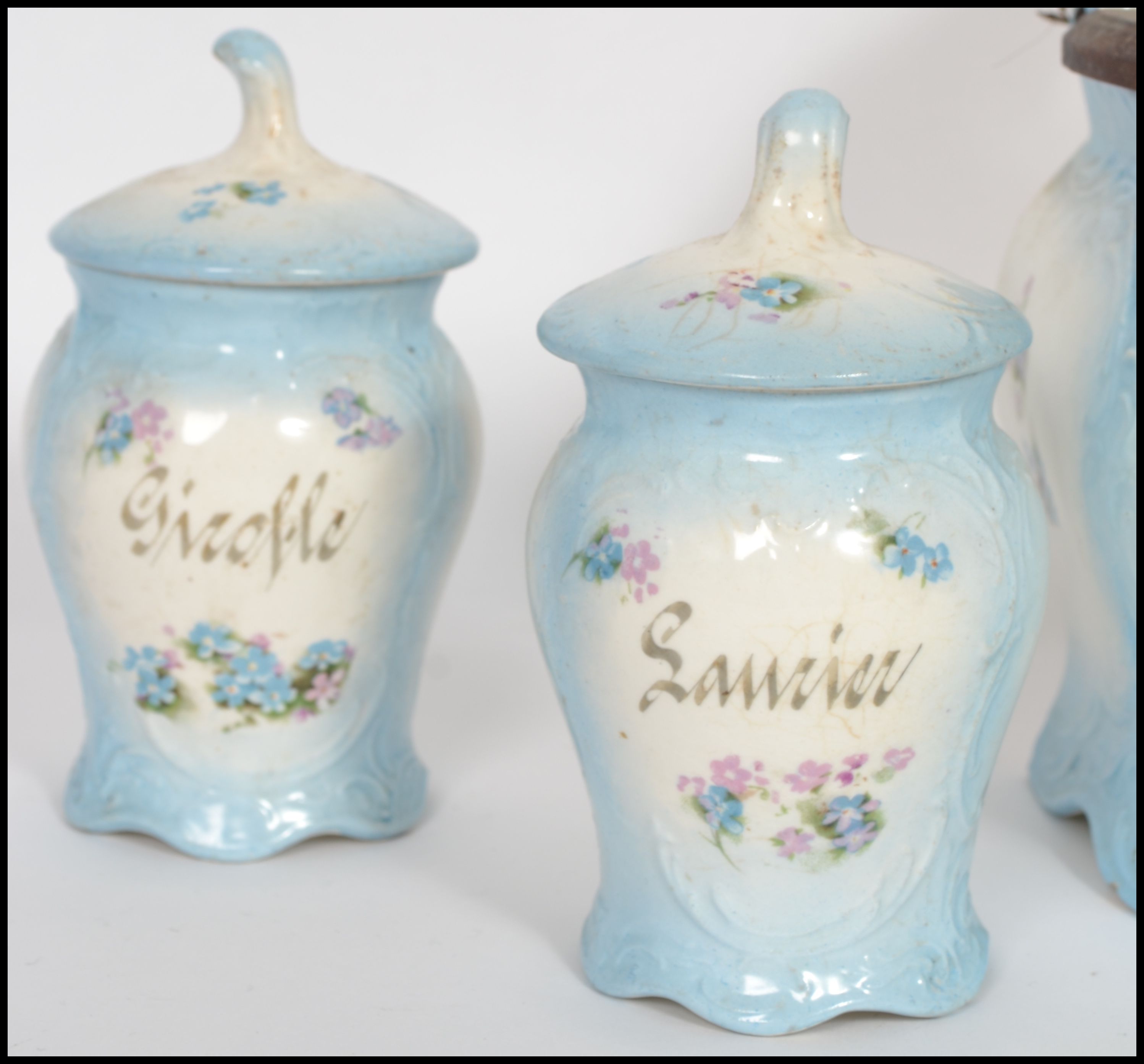 A set of 7 19th century French kitchen canisters to include two wall mounted with wooden lids - Image 5 of 9