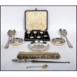 A collection of silver and silver plated items to include a hallmarked condiment spoon for Sheffield