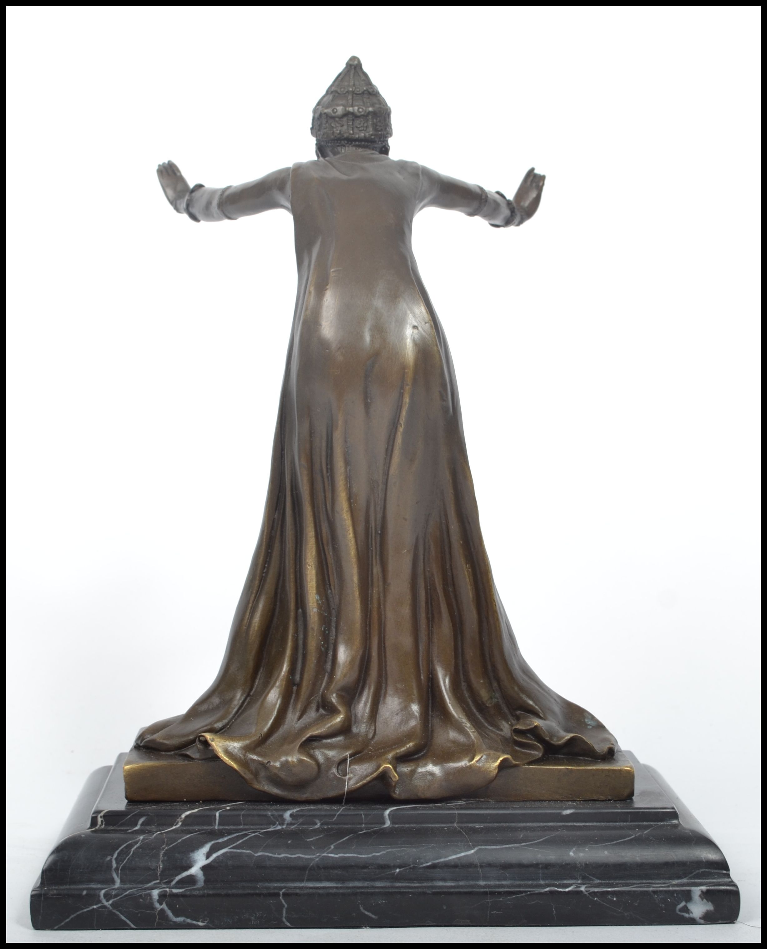 A good 20th century Art Deco bronze figurine of an arabic / dancing girl deity being raised on a - Image 3 of 5