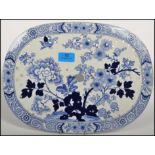 An 18th / 19th century Masons blue and white meat straining ceramic plate, decorated in a Asiatic