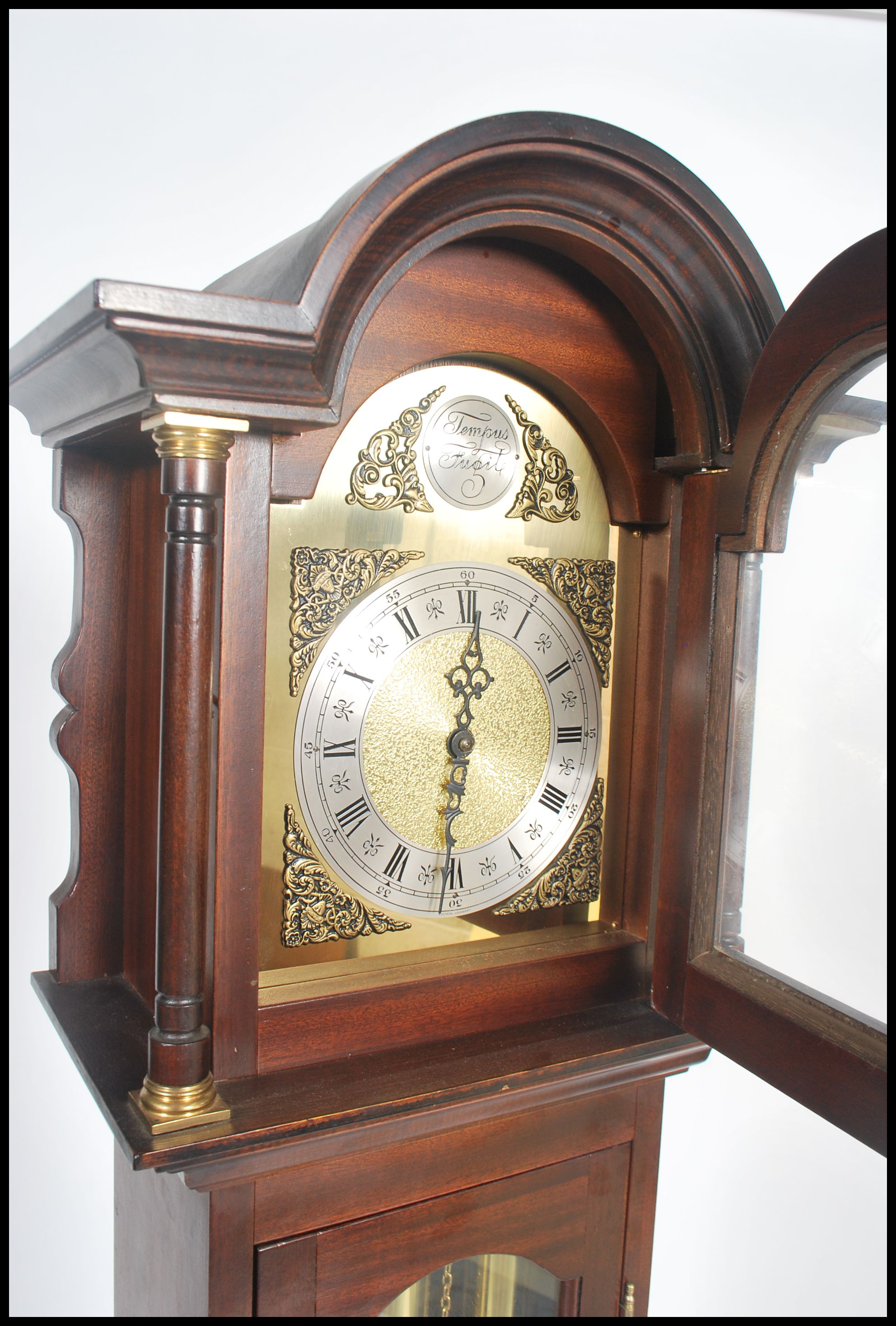 A Tempus Fugit grandmother clock with mahogany case and hood having inset brass and silvered dial - Image 3 of 4