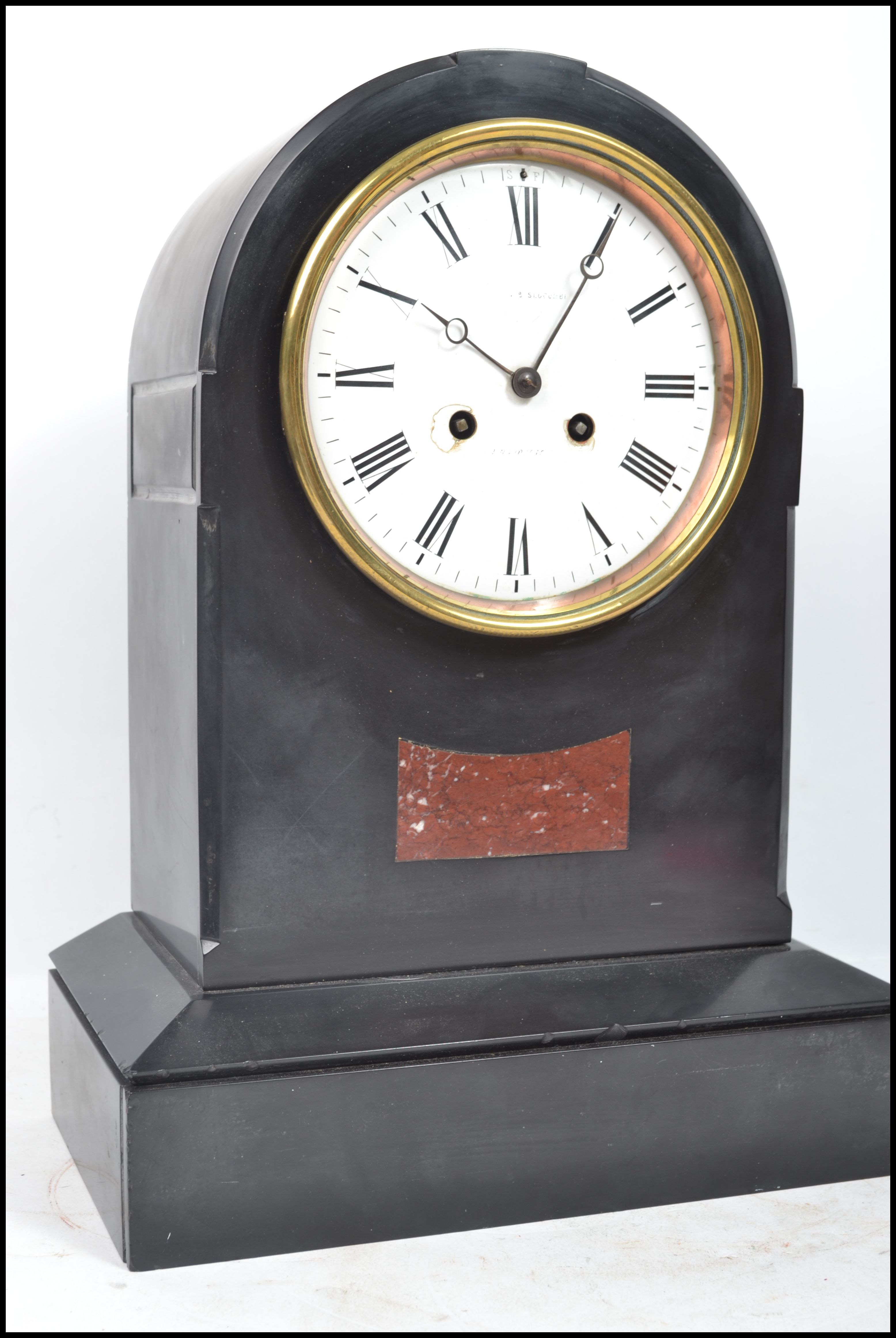 A Good Victorian large Slate mantel clock of spire shape. The large ceramic white dial with notation