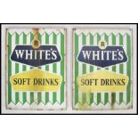 A pair of vintage Industrial mid century R Whites Lemonade advertising enamel shop sign. The signs