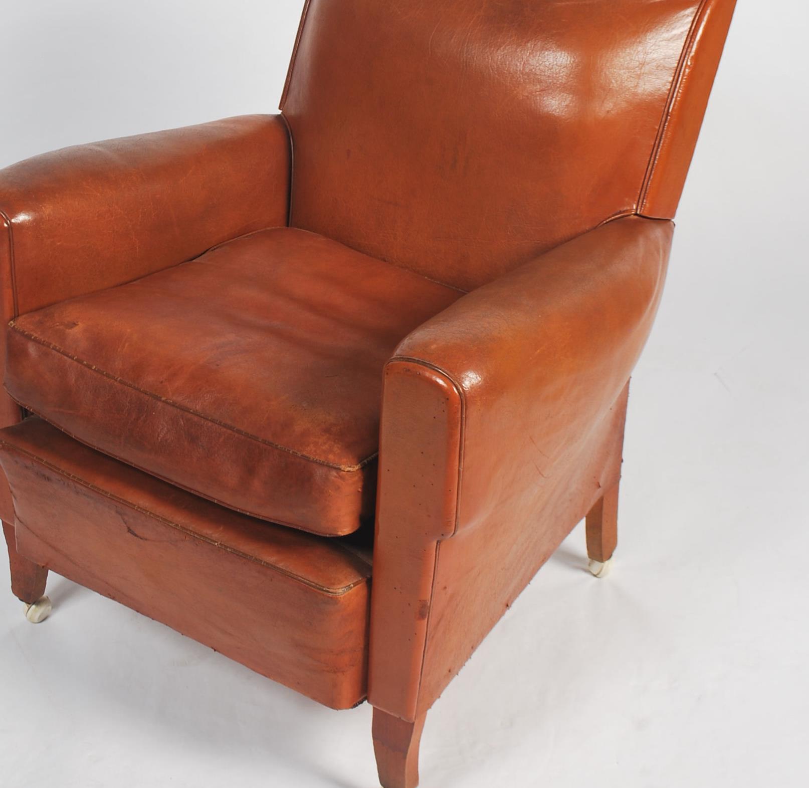 An exceptional 1930's Art Deco tan brown leather French club armchair being raised on leather - Image 2 of 5