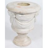 A good believed early 20th century white marble garden urn of large form having swag carved