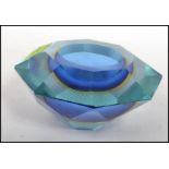 A good mid century Italian studio art glass Murano two tone blue glass ashtray of angular form.