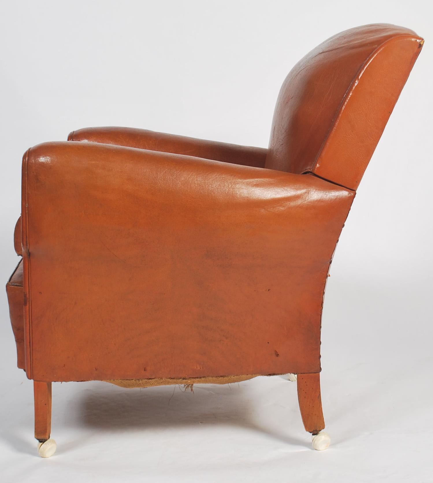 An exceptional 1930's Art Deco tan brown leather French club armchair being raised on leather - Image 4 of 5