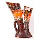 A 1970's retro West German Fat Lava inspired twin stem vase of trumpet form having a drip glaze form