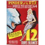 An original vintage French circus advertising poster featuring a white bear and tamer with her