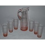 A good mid century retro glass lemonade set comprising tall jug / ewer and the matching glasses, all