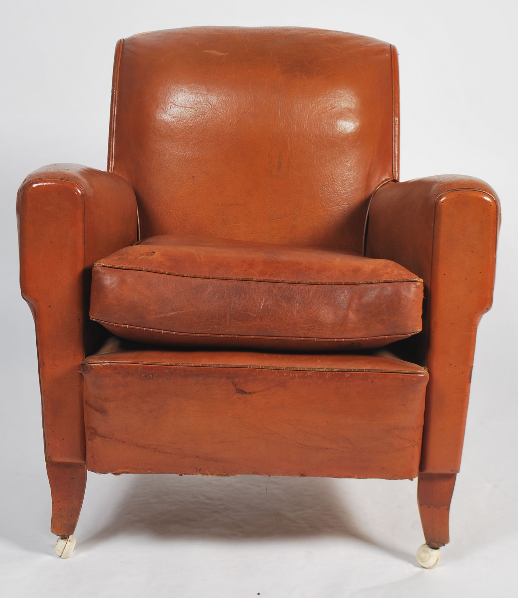 An exceptional 1930's Art Deco tan brown leather French club armchair being raised on leather - Image 3 of 5