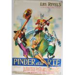 An original vintage French circus advertising poster featuring  clowns, muscians, jester and