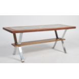 A Belgian mid century retro chrome, teak and tile top coffee occasional table. In the manner of J