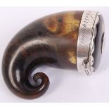 A good antique 18th century Georgian Scottish ram's horn snuff mull, with silver rim and inscription