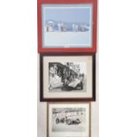 A group of three framed and glazed motoring interest pictures to include Graham Hill, a Jack