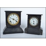 Two early 20th century black marble slate mantel clocks, one by Ansonia of America, having faceted