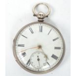 A silver hallmarked fusee pocket watch with open face having sub dial with faceted hands and roman