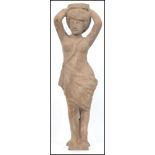 A vintage hand carved wooden carving large statue figurine of a semi clad female holding bowl