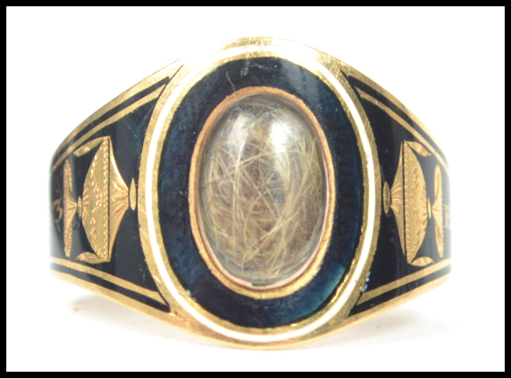 A George III Enamel, gold and hairwork mourning ring, the black enamel with white border lozenge - Image 2 of 6