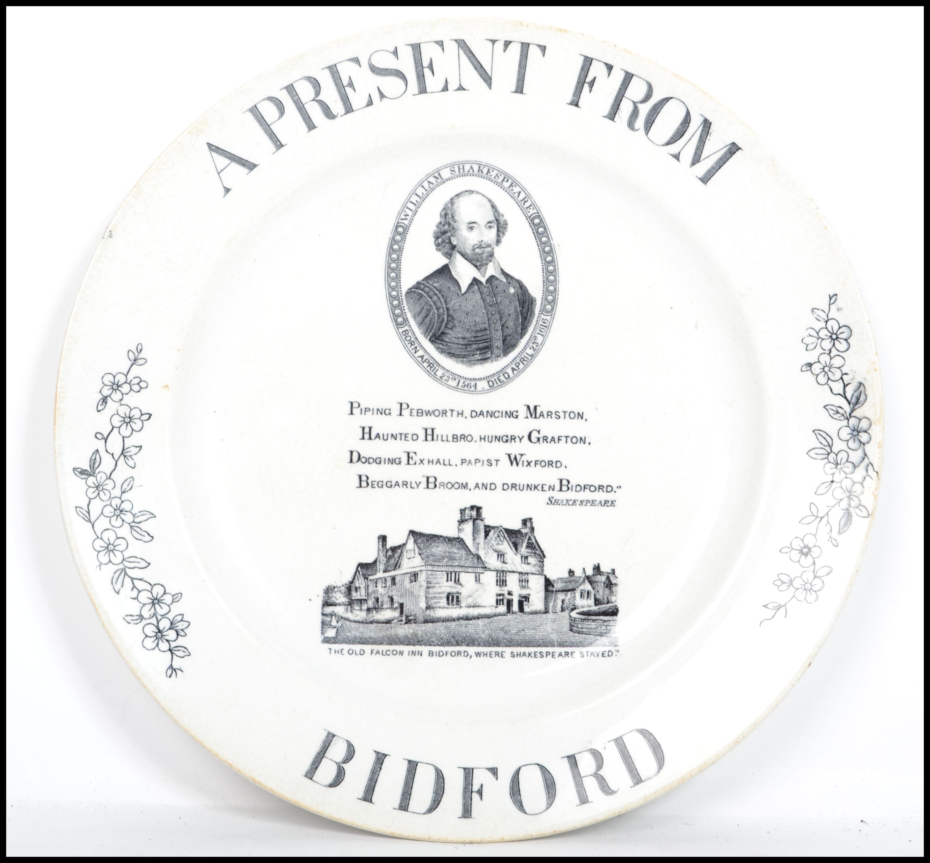 A 19th century decorative plate ' A Present from Bidford ' depicting William Shakespeare over