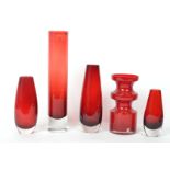 A  collection of 5 pieces of original retro / vintage red art glass vases etc all of varying sizes
