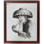 An Oriental pencil drawing of an Asian man with hat smoking a pipe being framed and glazed.