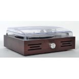 A contemporary two speed record player with built in speaker, lift up smoked perspex lid, Ondial