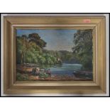 English School Devon / Cornish river scene with fisherman to foreground  and working boats, the