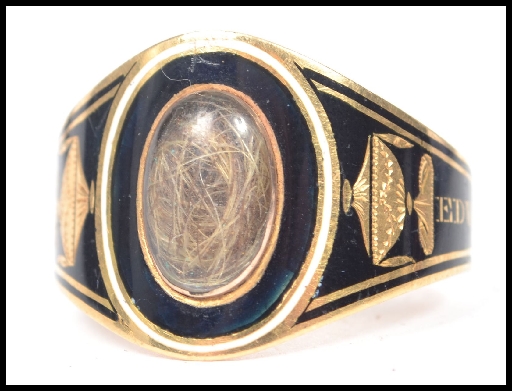 A George III Enamel, gold and hairwork mourning ring, the black enamel with white border lozenge - Image 6 of 6