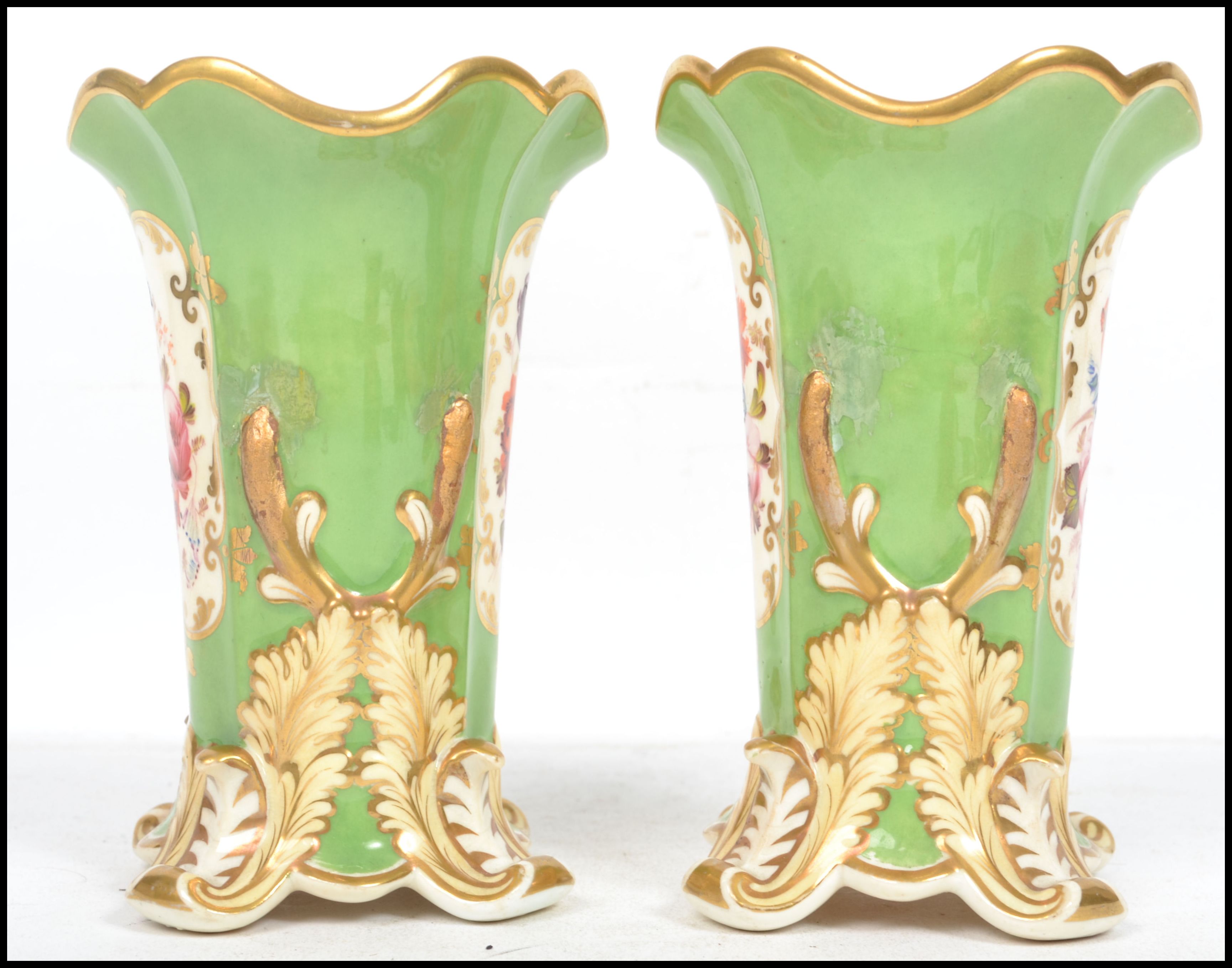 A pair of 19th century English factory vases having a green ground with white cartouche panels - Image 2 of 6