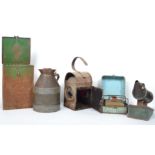 A group of vintage 20th century items to include a 3 way railway / road lamp, a bee smoker, a