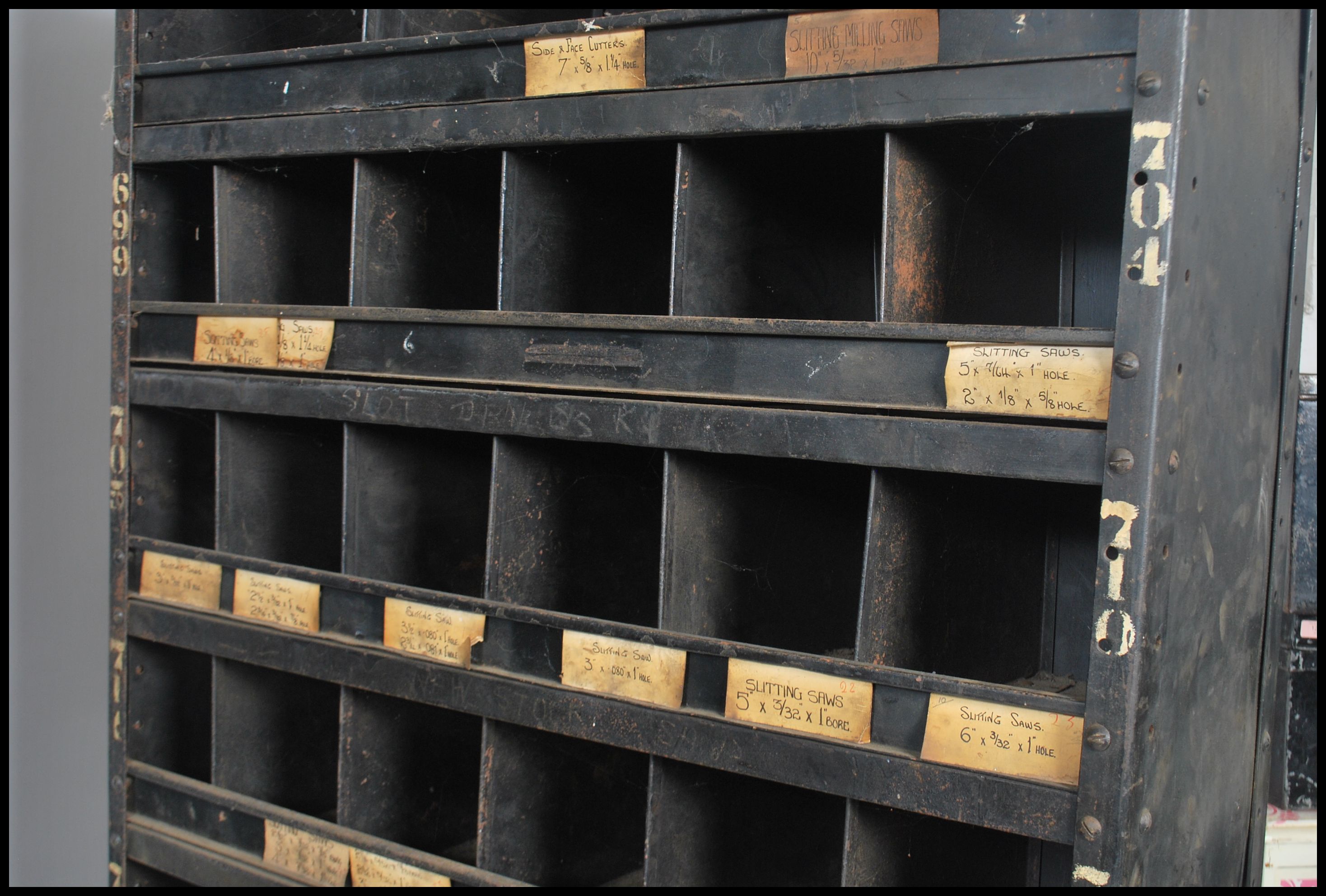 A pair of original mid 20th century Industrial large green / ebonised enamel metal sectional cubby - Image 3 of 5