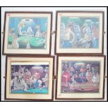 A group of four framed and glazed comic dog prints depicting dogs playing poker, pool, cards and